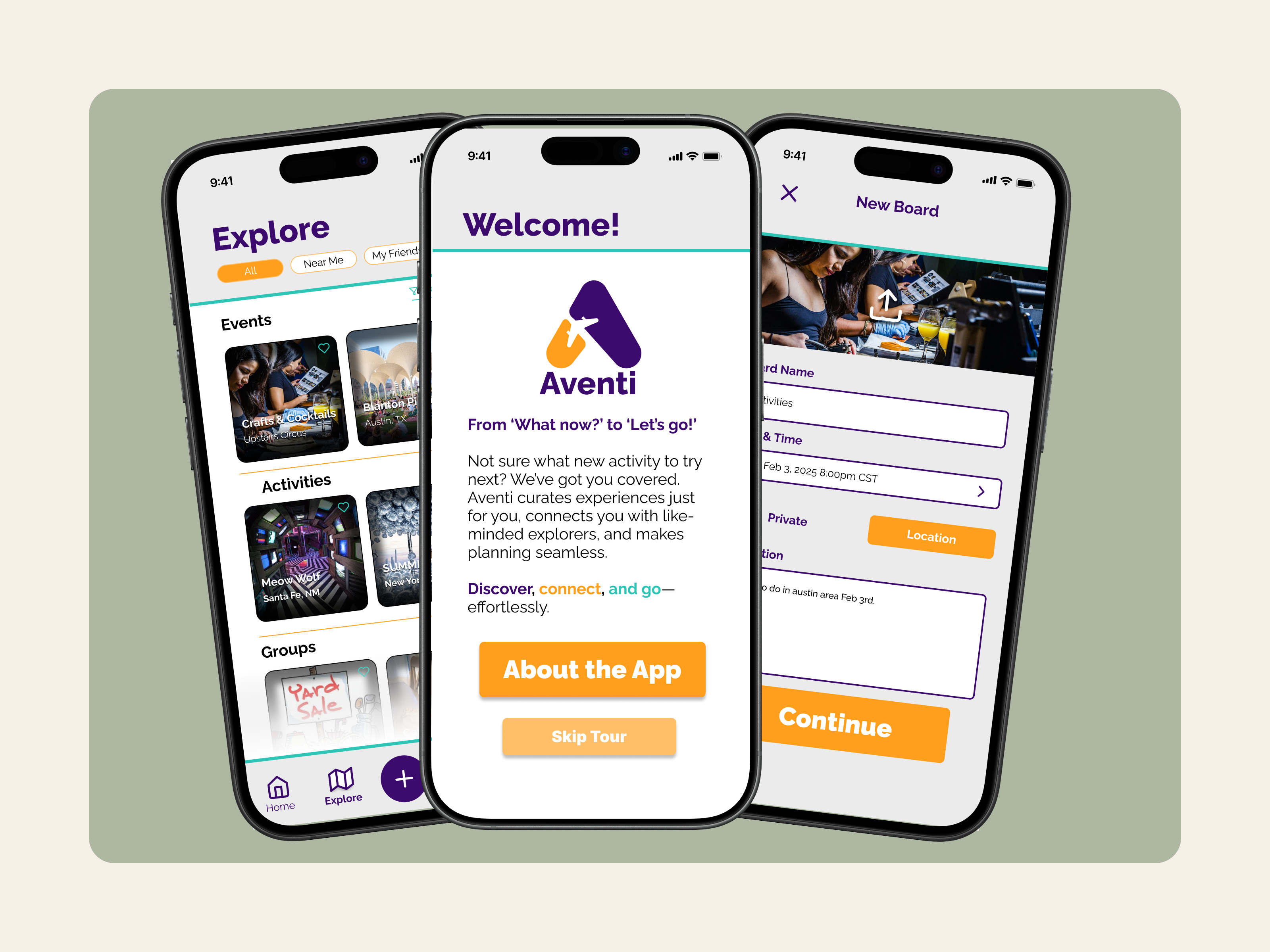 Three iPhone mockups previewing the Aventi app’s Welcome, Explore, and New Board screens.