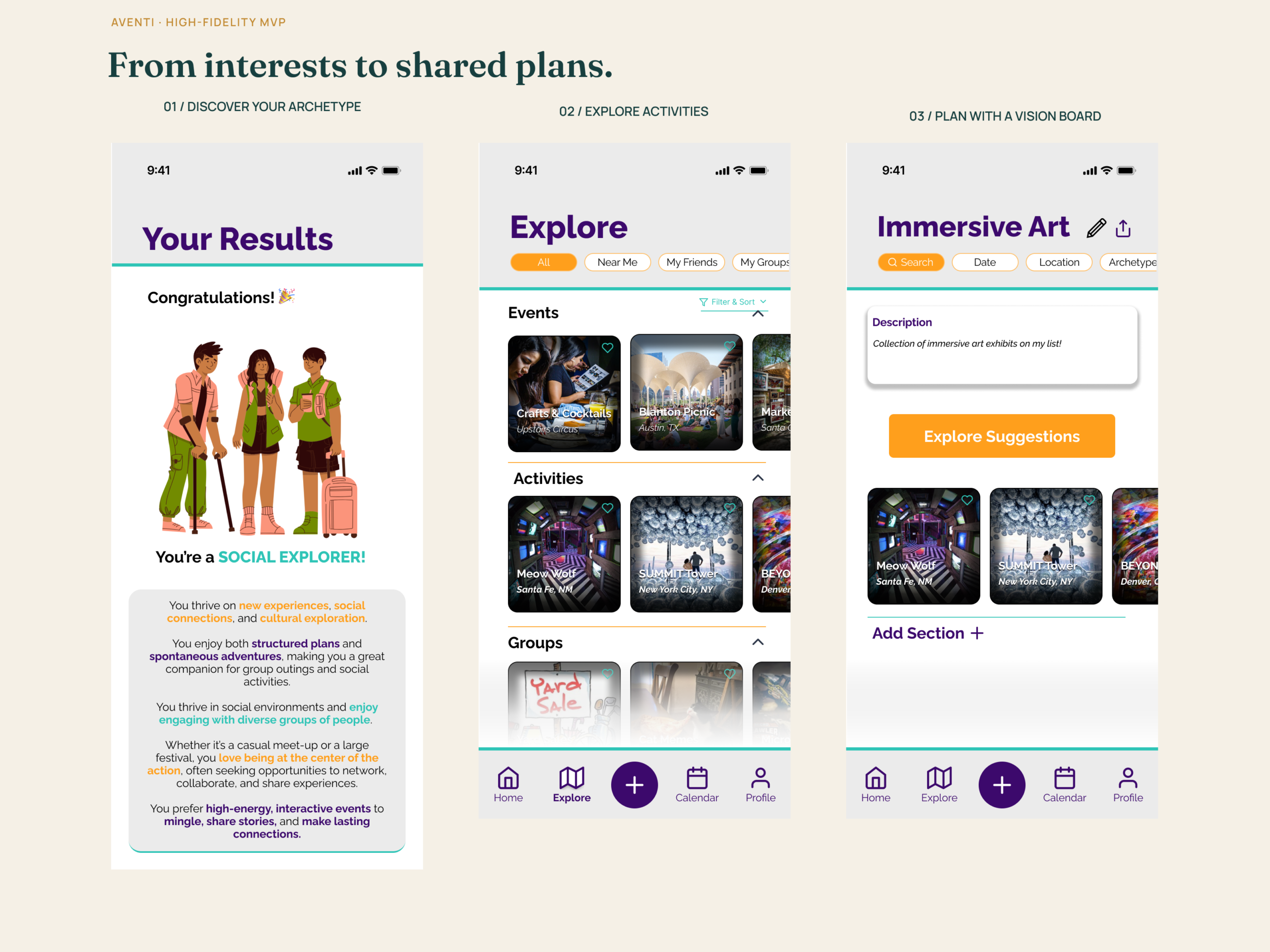 Aventi high-fidelity MVP screens showing archetype results, activity exploration, and a Vision Board. Aventi high-fidelity MVP screens showing archetype results, activity exploration, and a Vision Board.