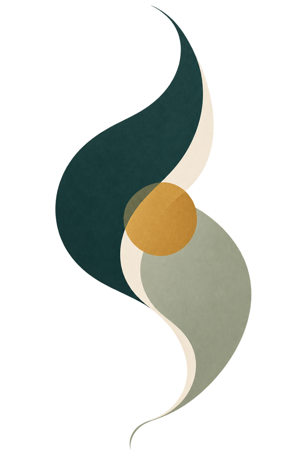 Abstract graphic of overlapping teal, sage, cream, and ochre forms representing connection and conversation.