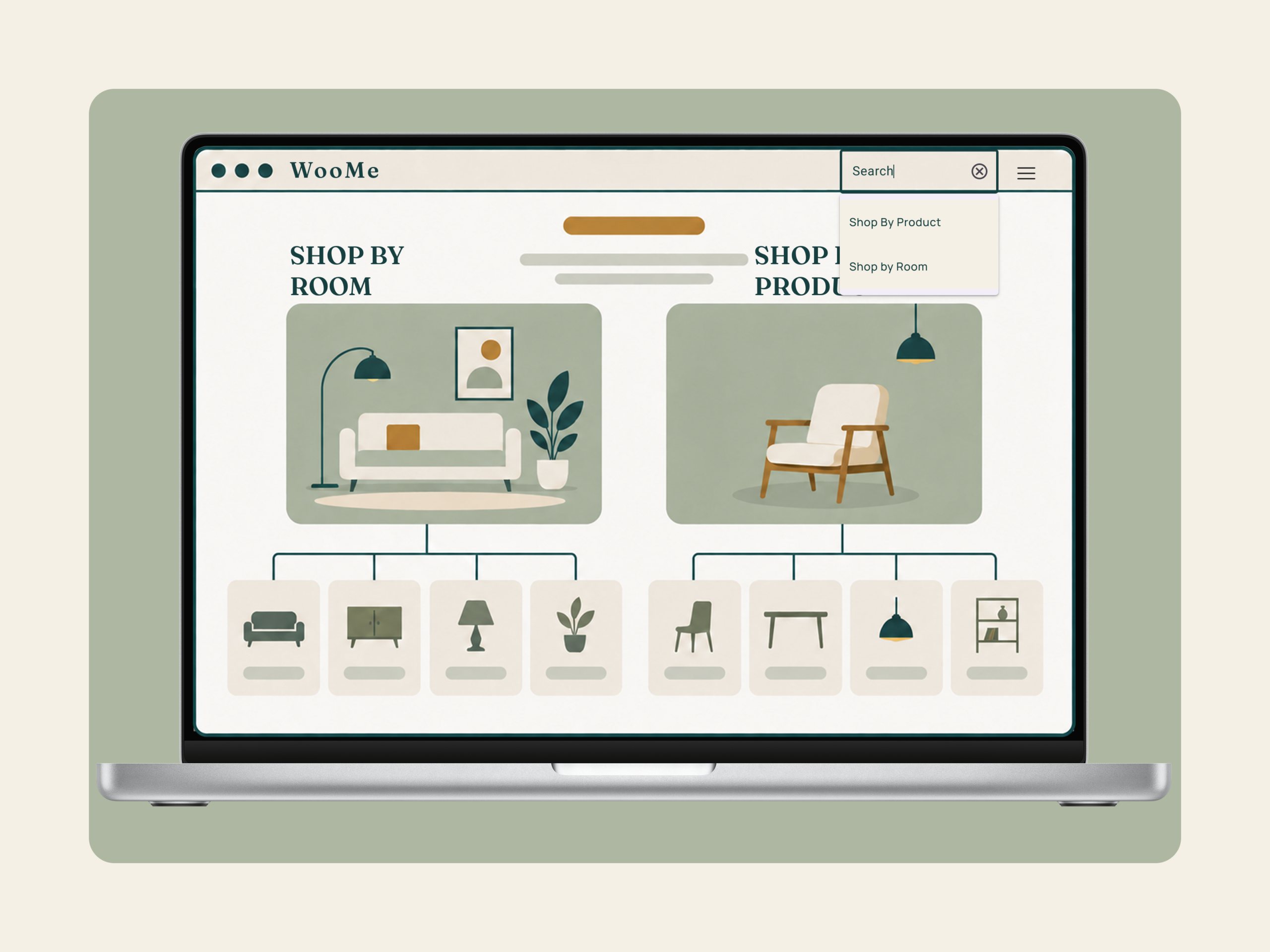 WooMe furniture browsing concept shown in a laptop mockup with room-first and product-first navigation paths. WooMe furniture browsing concept shown in a laptop mockup with room-first and product-first navigation paths.