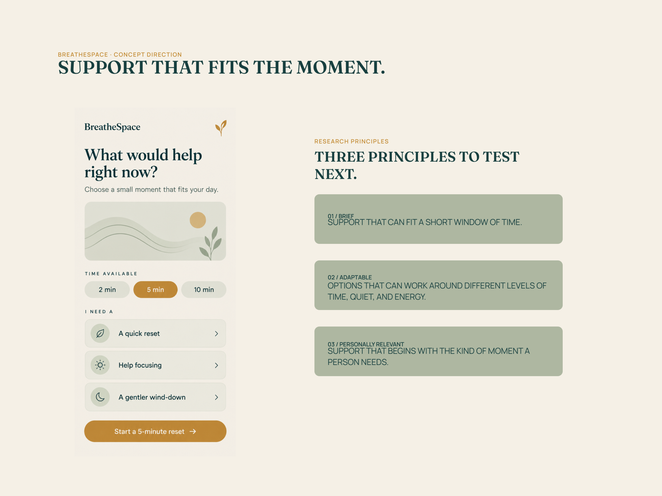 BreatheSpace concept screen paired with research principles for brief, adaptable, and personally relevant mindfulness support.